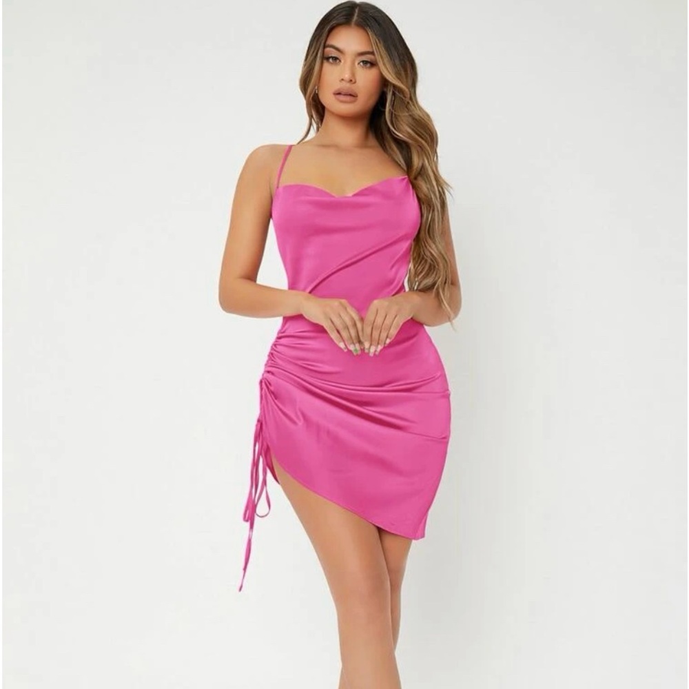 Shein hot pink cowl neck cocktail dress - adjustable asymmetrical